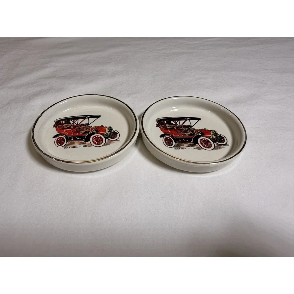 Vintage Buick Model C 1905 Ceramic Coasters Cork Back Gold Rim Set of 2 Red Car